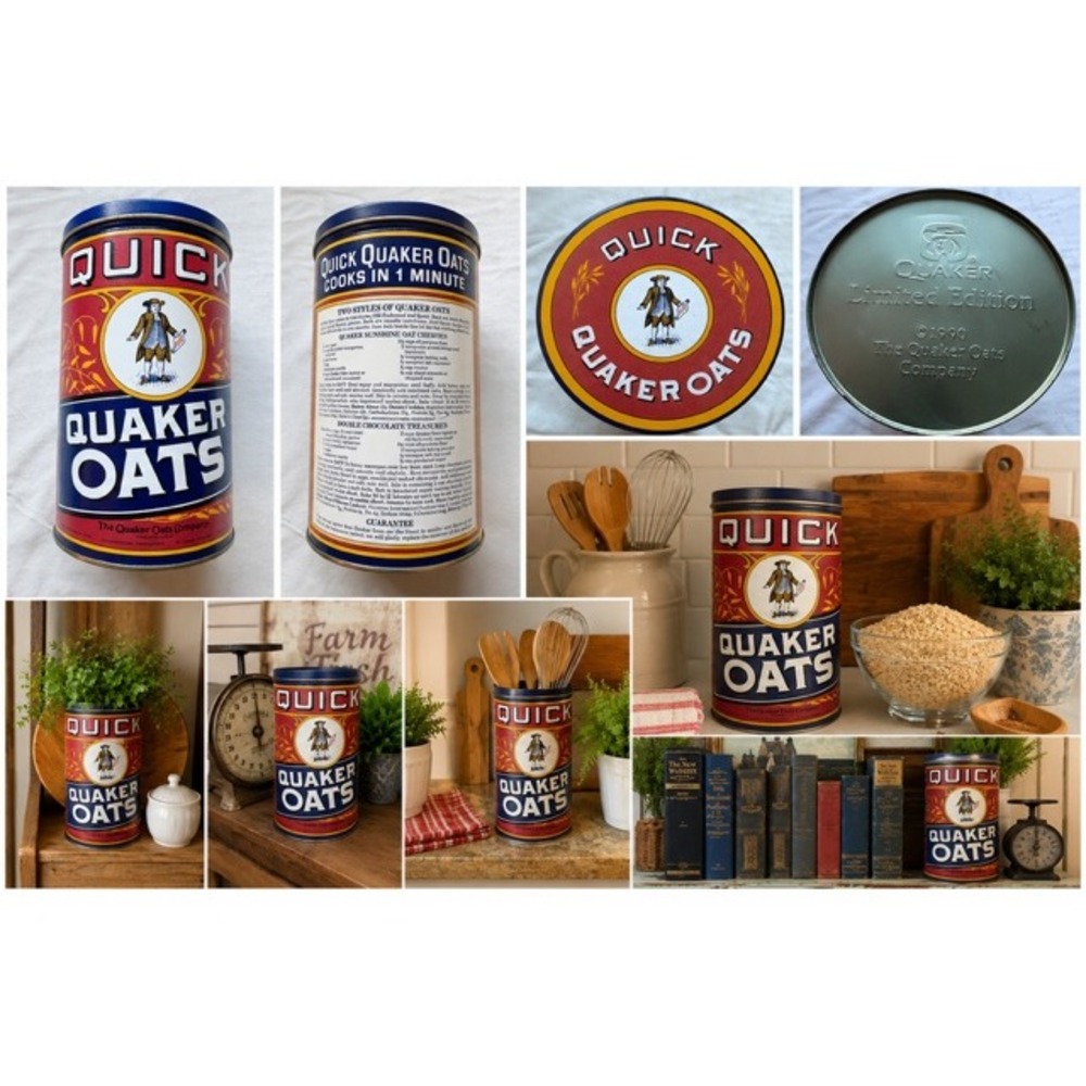 Vintage 1990 Quaker Oats Limited Edition Tin Canister Farmhouse Kitchen Decor